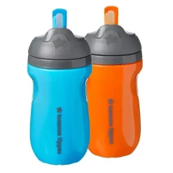 Tommee Tippee - Copo de palha isolado para crianças, à prova de derramamento, 9 onças, 12 m +, 2 contagens, azul e laranja
