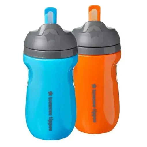 Tommee Tippee - Copo de palha isolado para crianças, à prova de derramamento, 9 onças, 12 m +, 2 contagens, azul e laranja