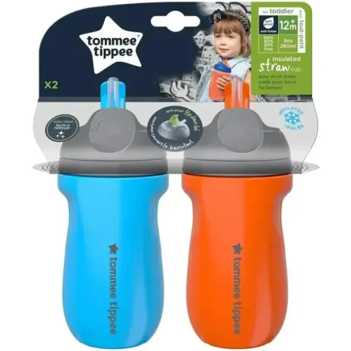 Tommee Tippee - Copo de palha isolado para crianças, à prova de derramamento, 9 onças, 12 m +, 2 contagens, azul e laranja