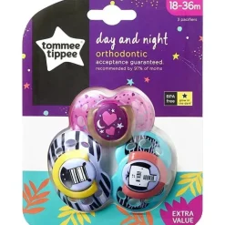 Tommee Tippee - 3Pk Mais Perto da Natureza Chupeta Dia e Noite Brilhante no Escuro 18-36M - As Cores Podem Variar