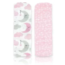 Têxteis Rosa - 2 unidades de cobertores de musselina para bebê menina, rosa estrela/onda