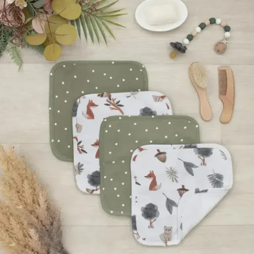 Têxteis Vivos - 4Pk Panos BabyWash, Retiro Florestal/Olive Dots