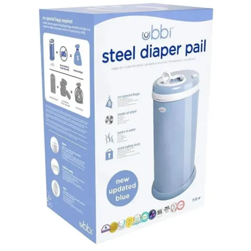 Ubbi - Balde de fraldas com trava de odor em aço, azul nuvem
