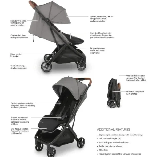Uppababy - Minu V3 Compact Stroller, Greyson (Charcoal Mélange/Carbon Frame/Saddle Leather)