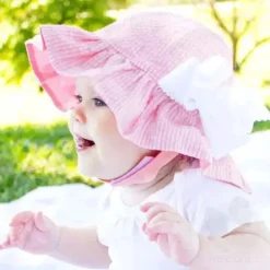 Wee Ones – Chapéu de sol Seersucker com aba reversível e babados para meninas, listras rosa