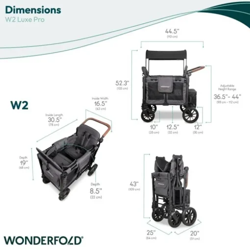 Wonderfold - W2 Luxe Pro Double Stroller For 2 kids, Charcoal Gray