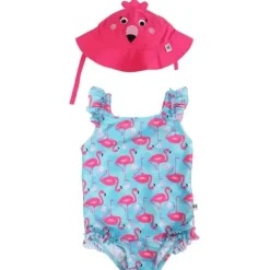 Zoocchini - Conjunto de maiô e chapéu de sol com babados para bebê 2Pk, Flamingo