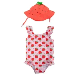 Zoocchini - Conjunto de maiô e chapéu de sol para bebê com babados, morango, 6-12 meses