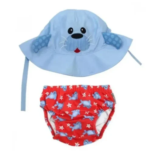 Zoochini - conjunto de fraldas de banho e chapéu de sol para bebês, Sunny The Seal