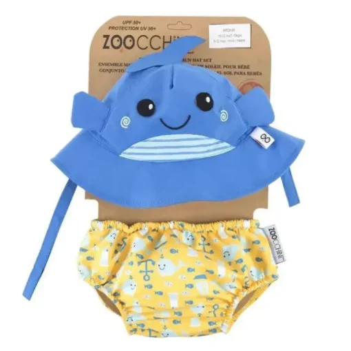 Zoochini - conjunto de fraldas de banho e chapéu de sol para bebês Willy a baleia
